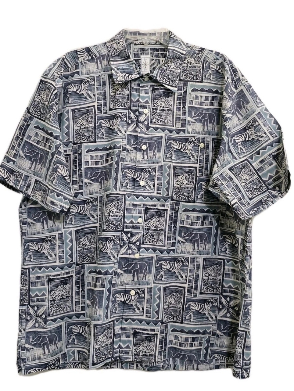 vintage BURMA BIBAS Large Zoo Animal Print Artsy Cotton Button Up Blue Hong Kong